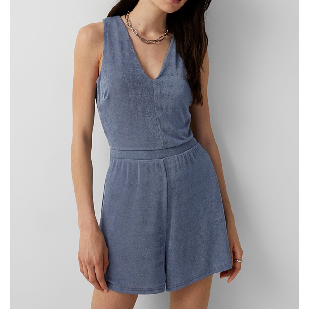 Shiny slate blue crisscross back knit romper NWT - Picture 2 of 11